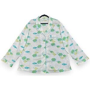Cuddledown Pajama Top Womens XXL 2XL White Blue Green Fish Cotton Shirt New